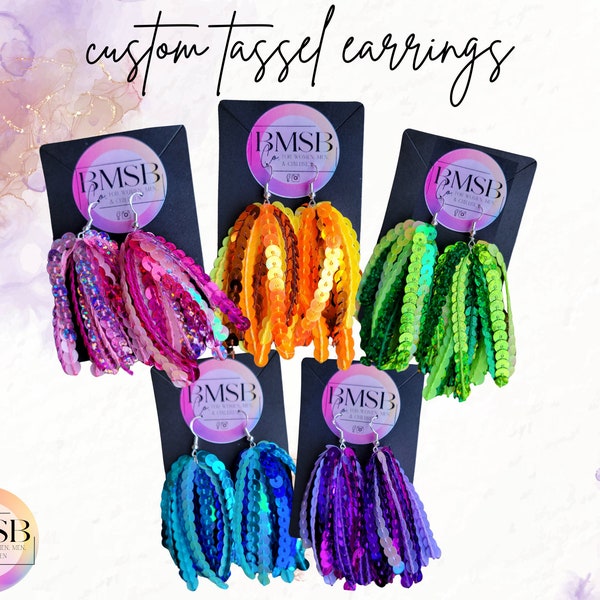 Custom Sequin Tassel Earrings - custom earrings, tassel earrings, game day, holiday, party, cheer, team earrings, FREE SHIPPING!