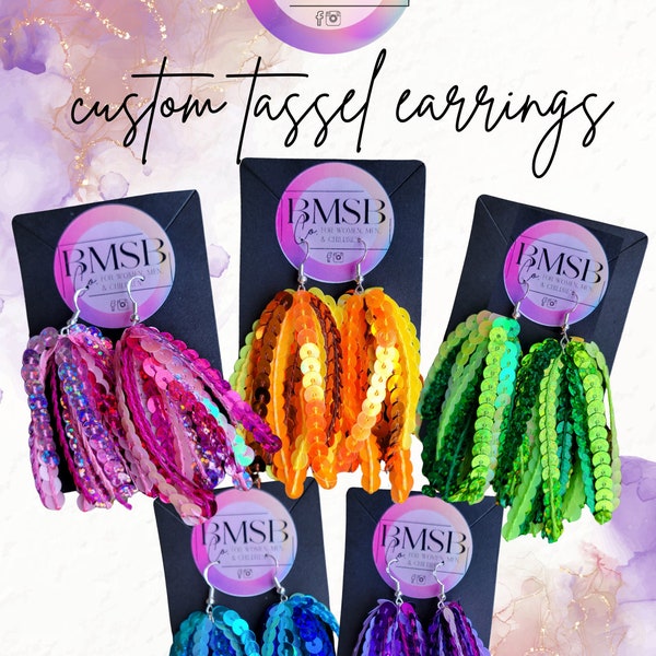 Custom Sequin Tassel Earrings - custom earrings, tassel earrings, game day, holiday, party, cheer, team earrings, FREE SHIPPING!