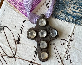 1300s ancient Middle Ages cross with glass stones, 14th century Medieval cross pendant