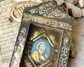 1700s antique European reliquary, 18th century glass reliquary with miniature painting of Jesus