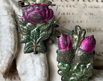 pair 1800s antique German Christmas tree candle clip holders, figural rose and acorns
