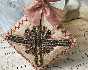 1800s tiny antique Italian reliquary, 19th century Italian ex voto ~ embroidered cross