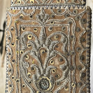 1700s antique French document holder, 18th century French textile with metal trim and sequins