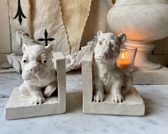 pair antique French ceramic bookends ~ two dogs, circa 1930s