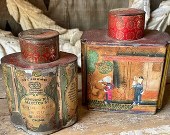 pair antique Canton ~ Chinese tea tins, circa 1900