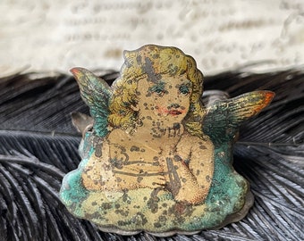 1800s antique German Christmas tree candle clip holder ~ angel, 19th century German tin litho candle clip