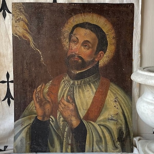 1700s antique religious oil painting on canvas, 18th century religious oil on canvas of a saint