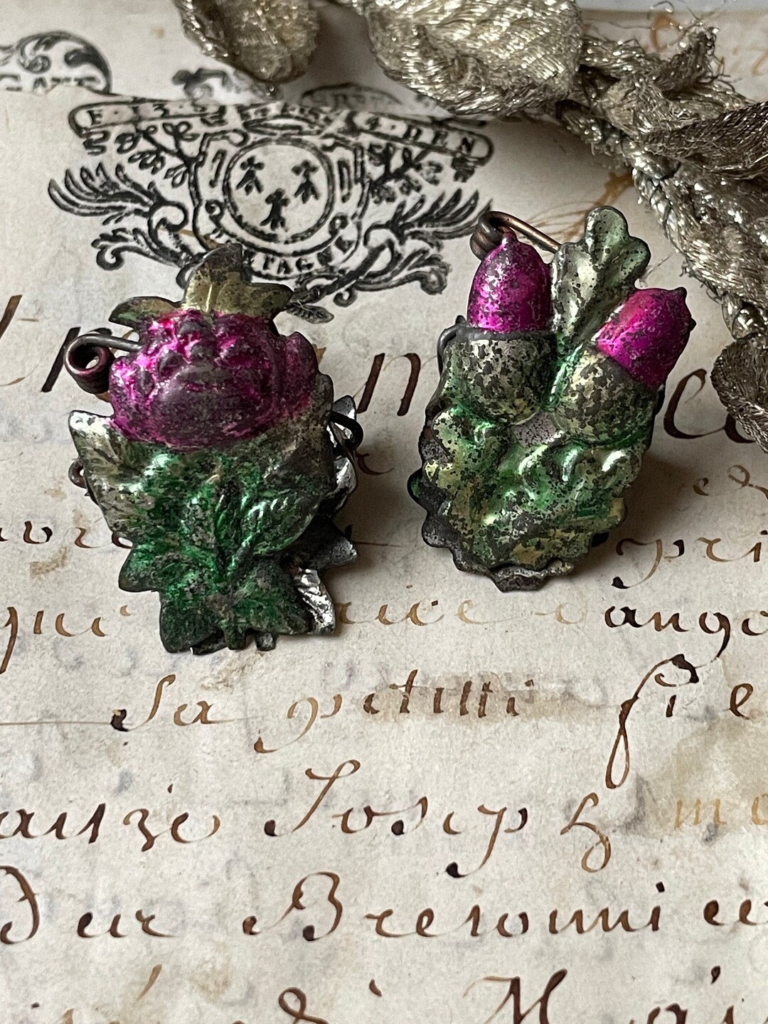 Pair 1800s Antique German Christmas Tree Candle Clip Holders, Figural