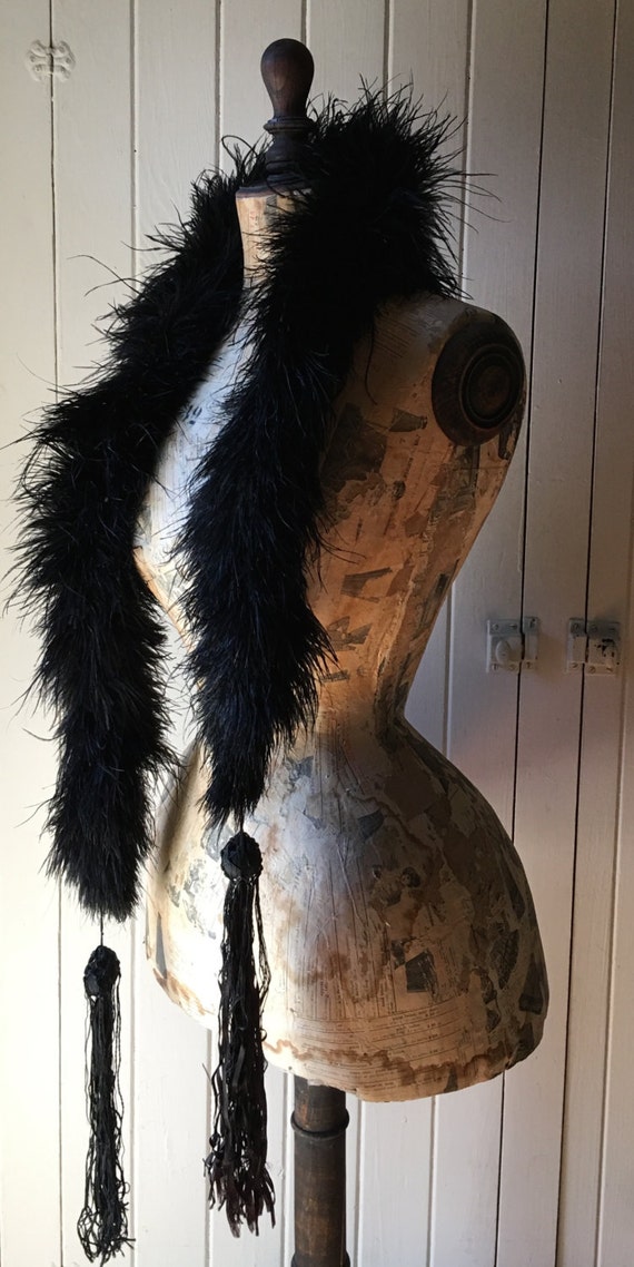 1800s antique French feather boa with tassels 19th century