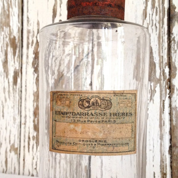 1900s antique French Paris apothecary pharmacy bottle tole metal lid, circa 1910