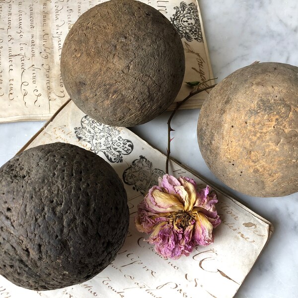 trio antique French wooden game balls, circa 1920s