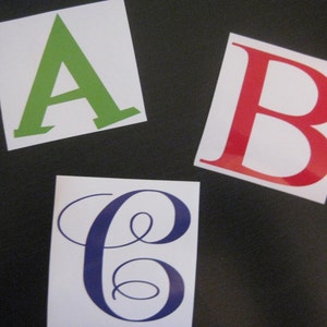May include: Three vinyl stickers with letters A, B, and C. The letter A is green, the letter B is red, and the letter C is blue.