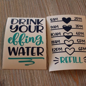 May include: Two beige paper sheets with black and teal text. The left sheet says "DRINK YOUR EFFING WATER". The right sheet has a water tracker with times from 8 AM to 6 PM and a heart icon next to each time. The bottom of the right sheet says "REFILL".