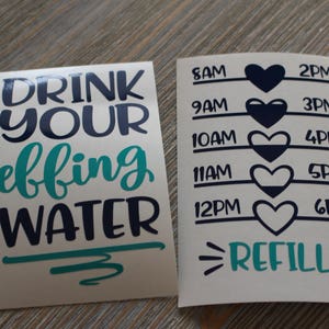 May include: Two stickers, one with the text "DRINK YOUR EFFING WATER" in black and teal lettering, and the other with a water tracker with times from 8 AM to 6 PM and the word "REFILL" in teal lettering.