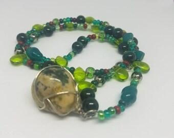 Wire Wrapped Turquoise Pendant Necklace, Green Glass Beaded Jewelry
