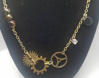 Steampunk Gear Necklace: Brass Chain, Black Glass & Swarovski Crystals