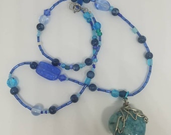 Wire-Wrapped Turquoise Stone Pendant, Blue Teal Beaded Necklace