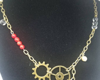 Bronze Gear Necklace with Pearl & Glass Beads, 21"