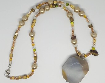 Botswana Agate Pendant Necklace, Champagne Pearls & Swarovski Crystals