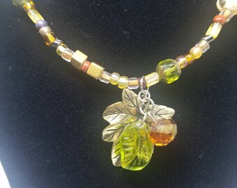 Autumn Foliage Beaded Necklace: Brass Oak Leaf & Crystal