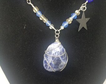 Wire-Wrapped Sodalite Star Pendant Necklace with Blue Glass Beads