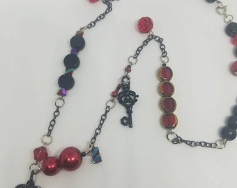Carnivale Heart Necklace, Red & Black Glass Beads, Key Charm (24")