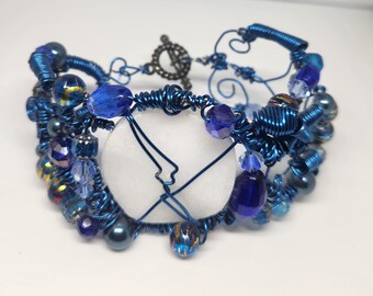Cobalt Wire Wrap Beaded Cuff