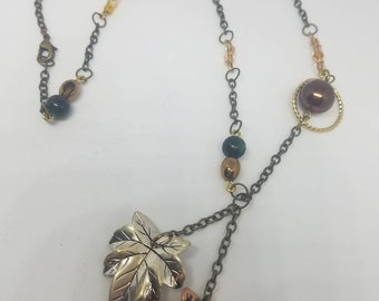 Autumn Leaf Pendant Necklace, Brass Chain & Glass Beads, 22 Inch