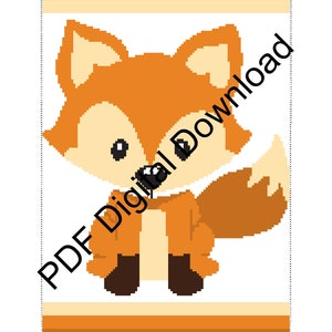 May include: A pixel art pattern of a cute orange fox with a white chest and brown eyes. The fox is standing on a white background with orange and cream stripes at the top and bottom. The text "Woodland Fox - Page 2" is at the bottom of the image.