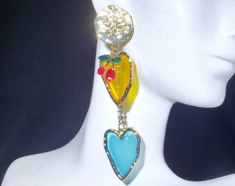 Heart Earrings 3.25" Long Dangle Mismatched Asymmetrical Clear Crystal Turquoise Yellow Statement Stained Glass Valentine's Day Earrings