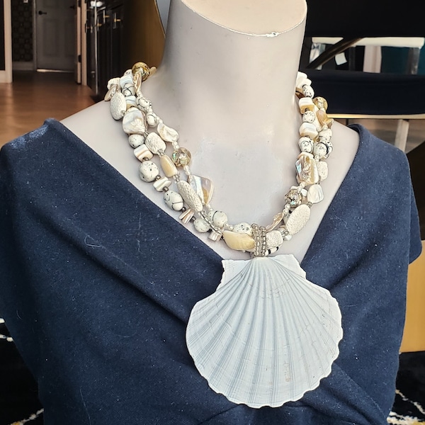 Shell Necklace Oversized Multistrand Seashell Pendant Pearl Big Bold Chunky Summer Tropical Beach Wedding Plus Size Resort Wear Ocean