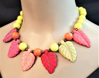 Leaf Necklace Fall Necklace Autumn Colors Leaves Big Bold Chunky Choker Statement Orange Green Pink Botanical Jewelry