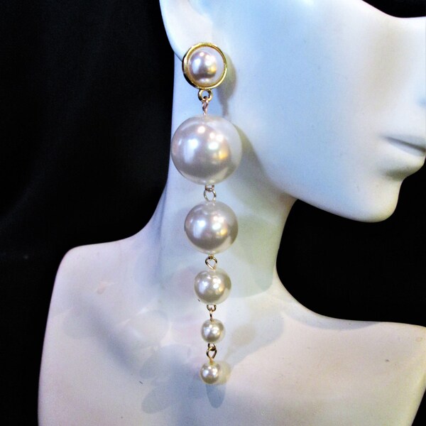 Pearl Earrings Long Oversized White Faux Pearl Club Wear Drag Queen Wedding Jewelry Cocktail Jewelry Drag Queen Formal Earrings Chunky Pearl