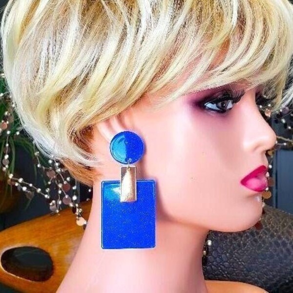 Royal Blue Earrings 3.5" Long Dangle Royal Blue Glittery Acrylic Gold Modern Statement Big Bold Chunky Club Wear