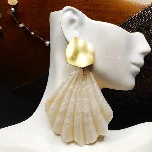 Shell Earrings 3.5" Long Seashell Earrings Pearlized Stud Oversized Big Bold Chunky Plus Size Summer Ocean Beach Tropical Acrylic