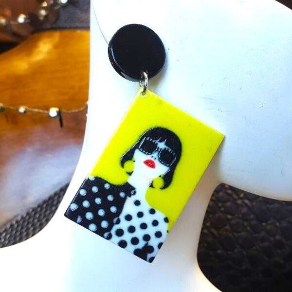 Face Earrings 2.5" Long Human Earrings People Woman with Sunglasses Yellow Black White Polka Dots Fun Funky Retro Hollywood Urban Fun Funky