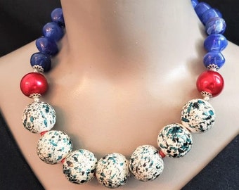 Red White and Blue Necklace Hand Painted Wood Beads Wooden Acrylic Pearl Big Bold Chunky Statement Big Beads Choker