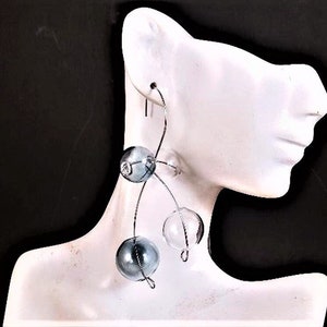 Wire Art Glass Bubble Earrings 3.25" Long Wire Earrings Art To Wear Blue Clear Ball Orbs Modern Urban Unique Plus Size Statement Artisan