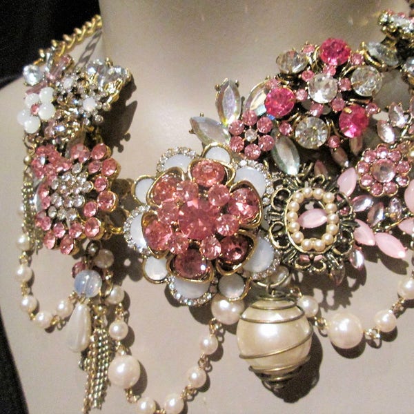 Statement Necklace Pink White Rhinestone Moonstone Crystal Collage Assemblage Bib Big Bold Chunky Runway Drag Queen Formal Jewelry Bling