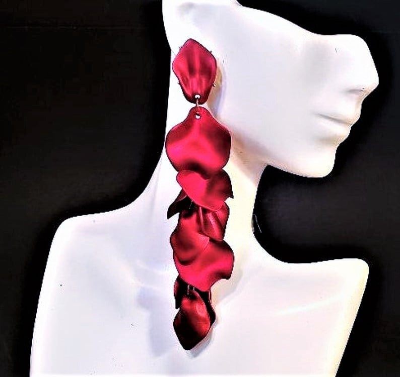 Red Statement Earrings 4 Large Acrylic Dangle Stud Cranberry Red Petals Big Bold Chunky Formal Earrings Plus Size