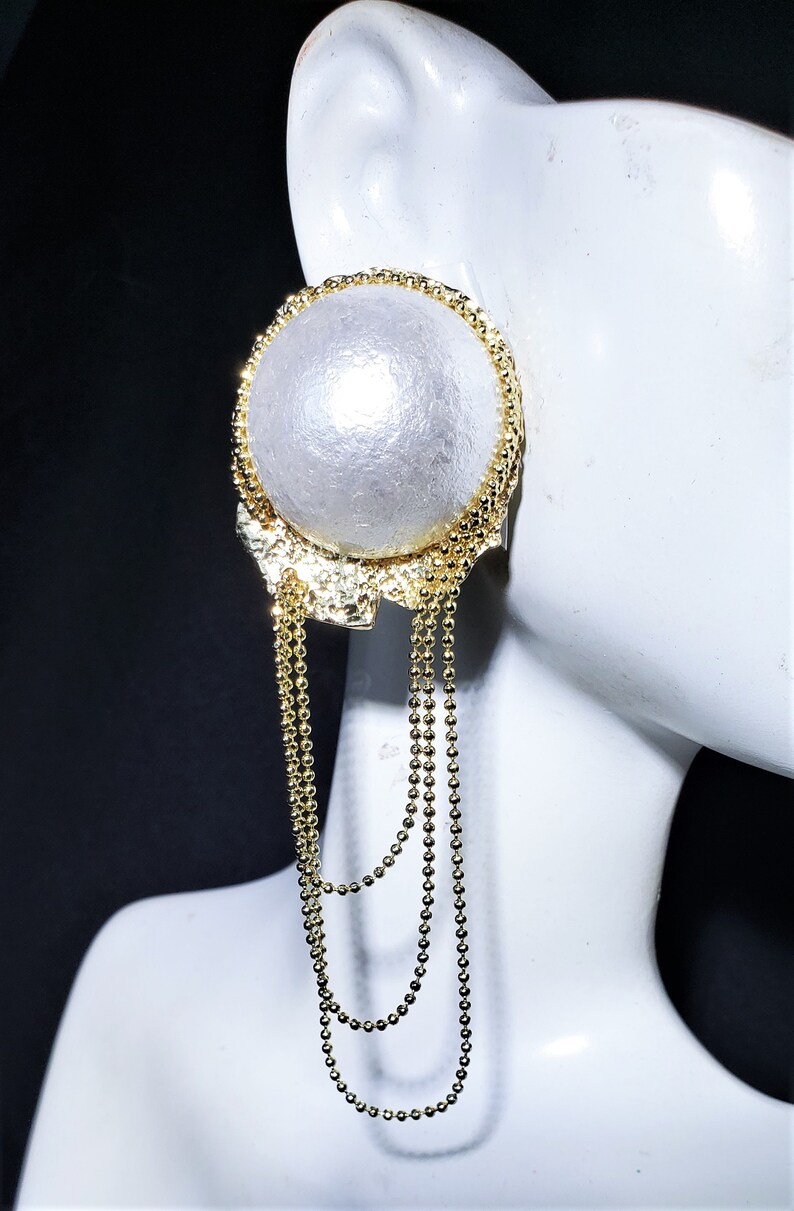 Pearl Earrings 3.5 Long Dangle White Pearl Stud Gold Chains Big Bold Chunky Statement Wedding Earrings Bridal Jewelry Formal