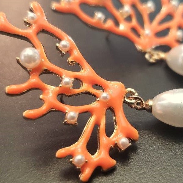 Coral Earrings 2" Long Orange Coral Pearl Gold Branch Big Bold Florida Tropical Nautical Beach Summer