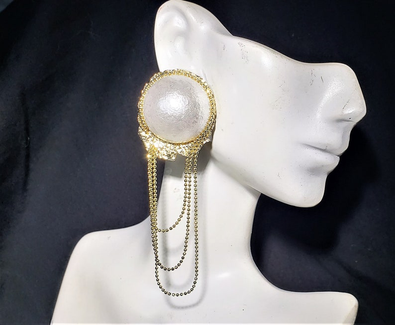 Pearl Earrings 3.5 Long Dangle White Pearl Stud Gold Chains Big Bold Chunky Statement Wedding Earrings Bridal Jewelry Formal