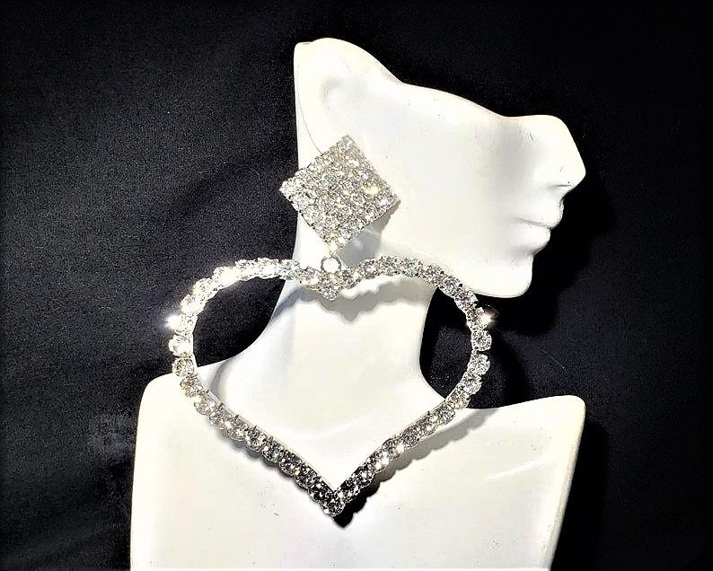 Huge Rhinestone Heart Earrings 4.25 Long Silver Clear Crystal Oversized Statement Big Bold Chunky Plus Size Formal Earrings Valentines Day