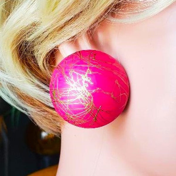 Round Red Earrings 1.75" Wide Hand Painted Gold Squiggles Big Bold Chunky Statement Party Earrings Fun Funky