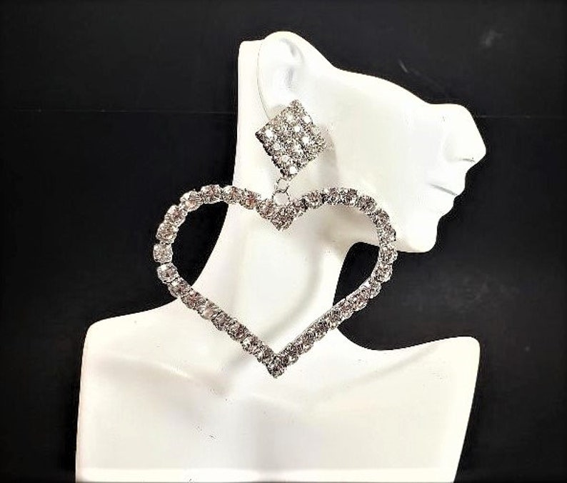 Huge Rhinestone Heart Earrings 4.25 Long Silver Clear Crystal Oversized Statement Big Bold Chunky Plus Size Formal Earrings Valentines Day
