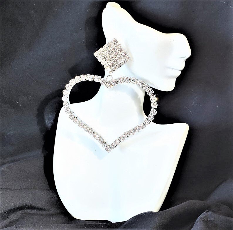 Huge Rhinestone Heart Earrings 4.25 Long Silver Clear Crystal Oversized Statement Big Bold Chunky Plus Size Formal Earrings Valentines Day