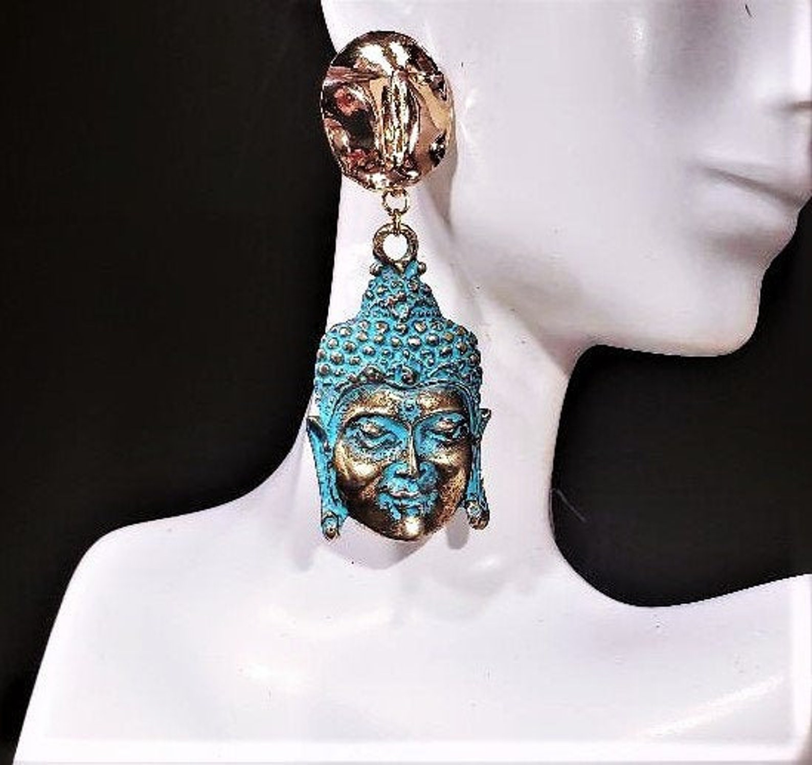 Buddha Earrings 3 Long Antique Gold Turquoise Patina | Etsy