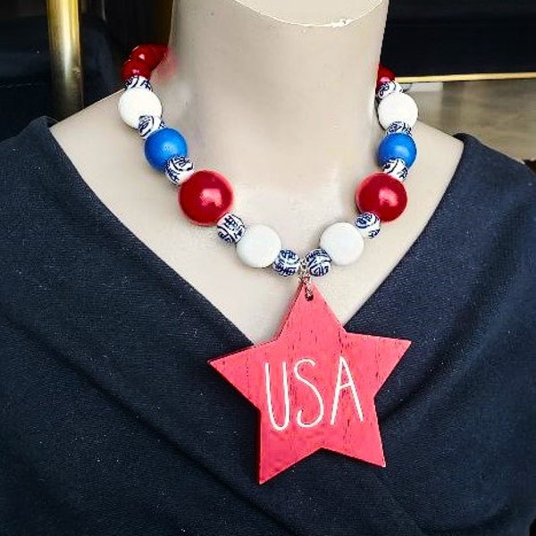 Red White & Blue Patriotic Necklace USA Star Pendant 4th Fourth of July Independence Memorial Day Make America Great Vote Big Bold Statement
