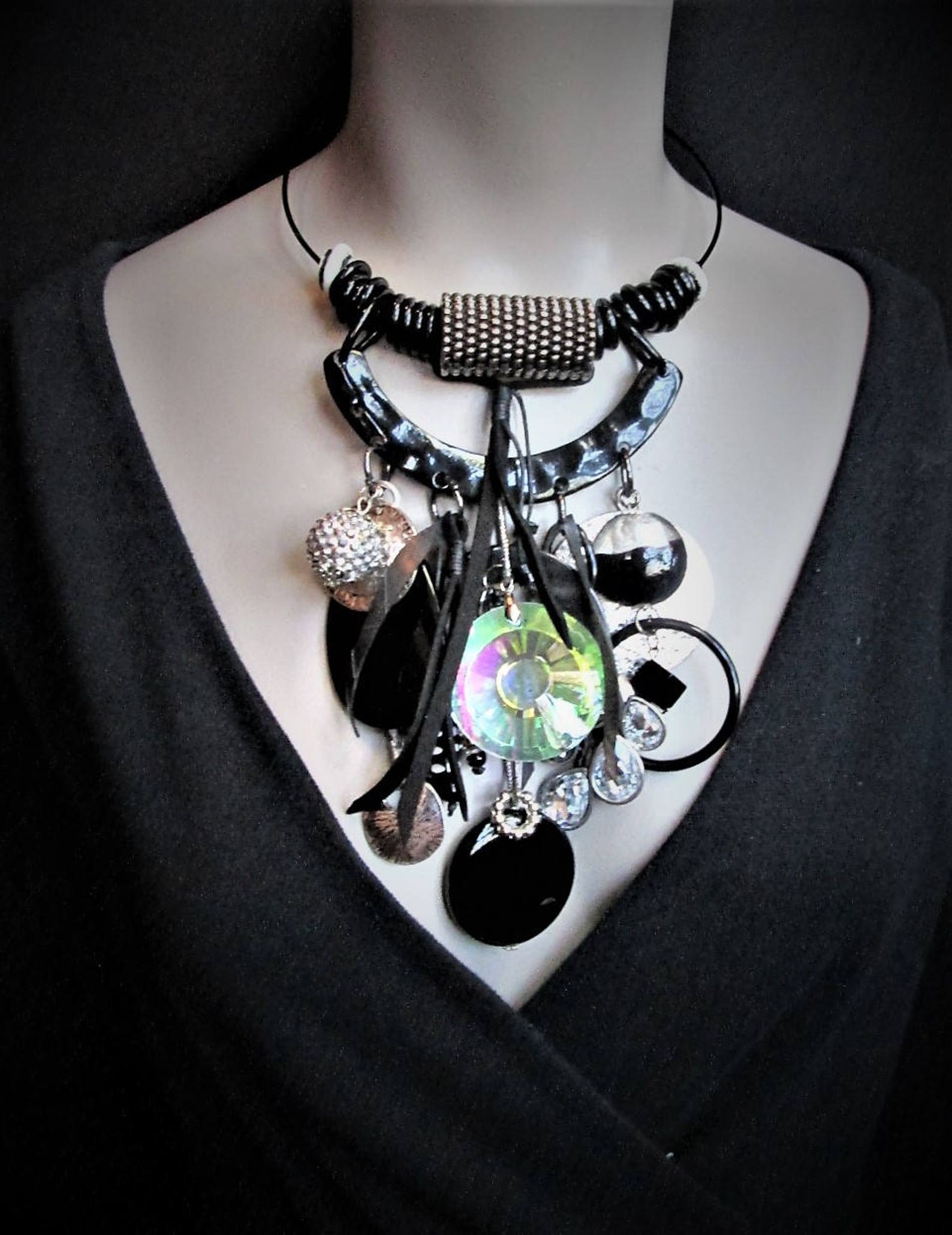 Big Bold Statement Necklace Rhinestone Silver Black Recycled Etsy